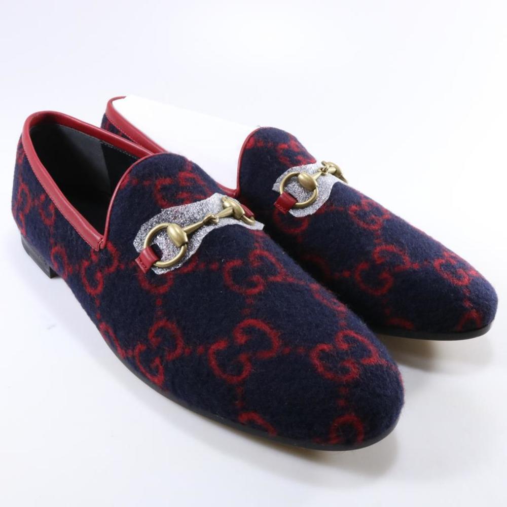 Jordaan GG Print Horsebit Classic WOMEN Wool Navy Red Flannel Loafers D098
